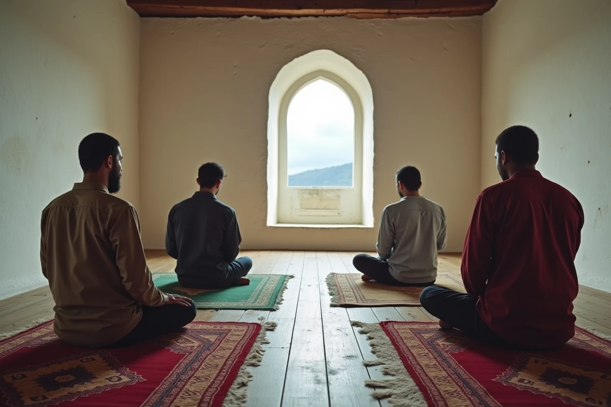 Salle de prière modeste en Auvergne avec tapis de prière colorés et groupe d'hommes en recueillement