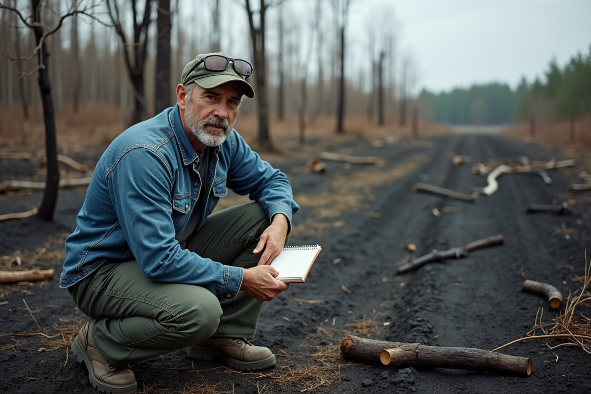 Scientiste environnement en forêt brûlée avec carnet