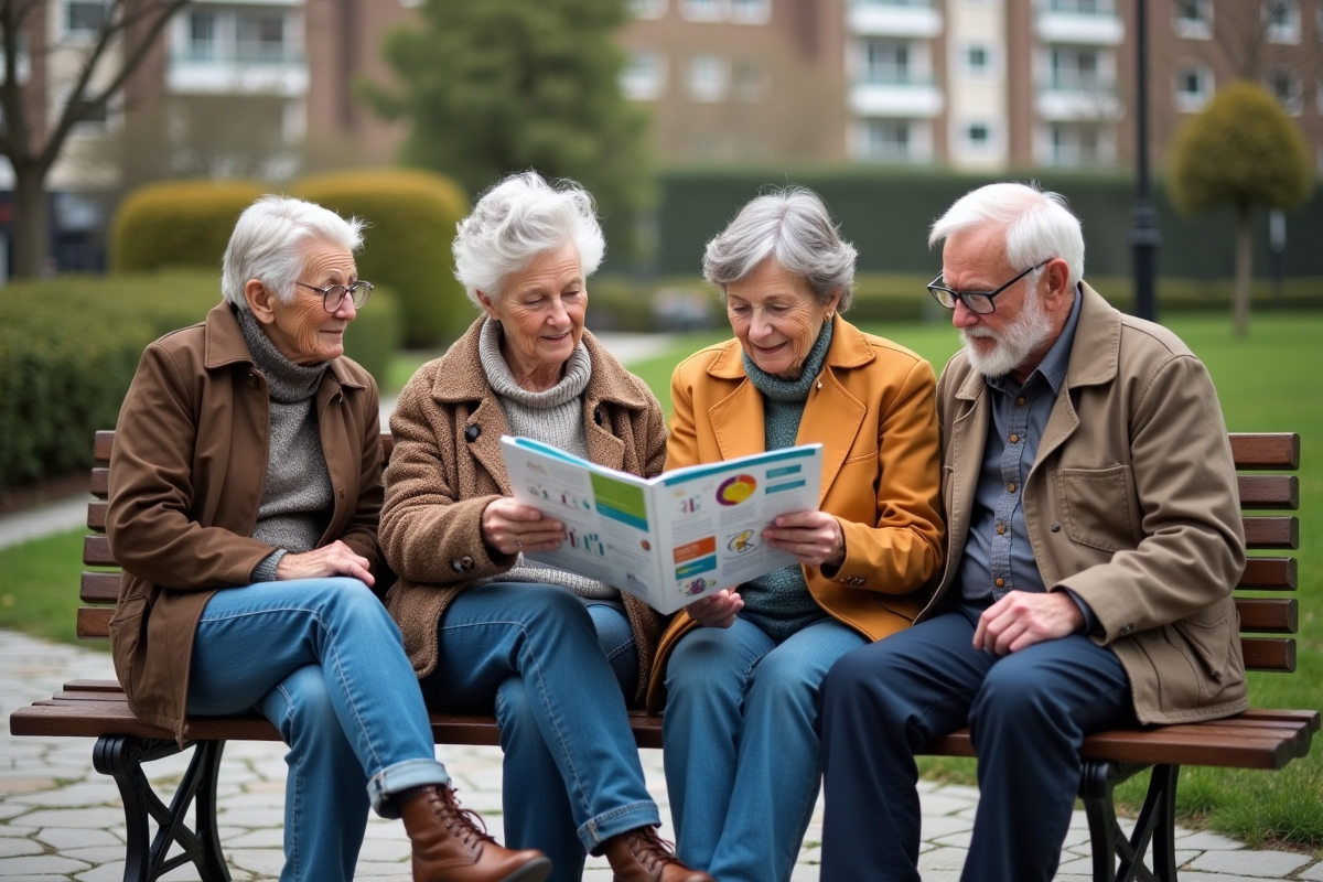 Groupe de seniors lisant un magazine dans un parc urbain
