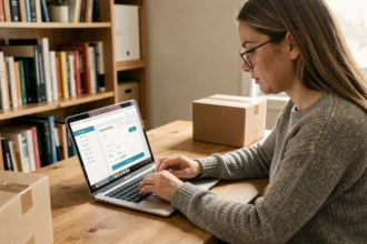 Femme remplissant un formulaire de service client Vinted Go sur un ordinateur portable avec un colis posé sur le bureau