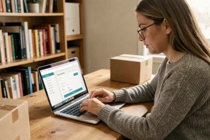 Femme remplissant un formulaire de service client Vinted Go sur un ordinateur portable avec un colis posé sur le bureau