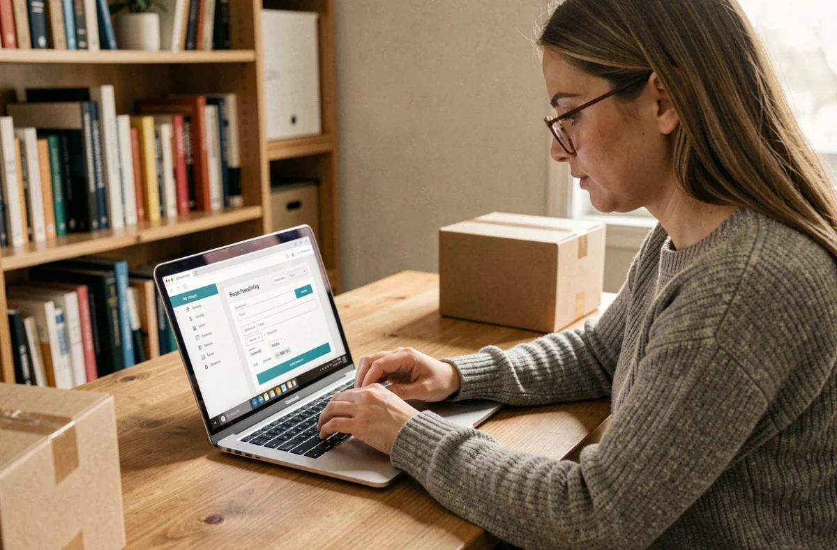 Femme remplissant un formulaire de service client Vinted Go sur un ordinateur portable avec un colis posé sur le bureau