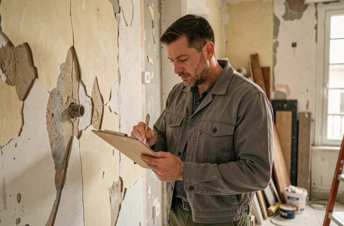 Plombier de SG Renovation inspectant des dommages sur une canalisation dans un appartement en rénovation à Vitry-sur-Seine