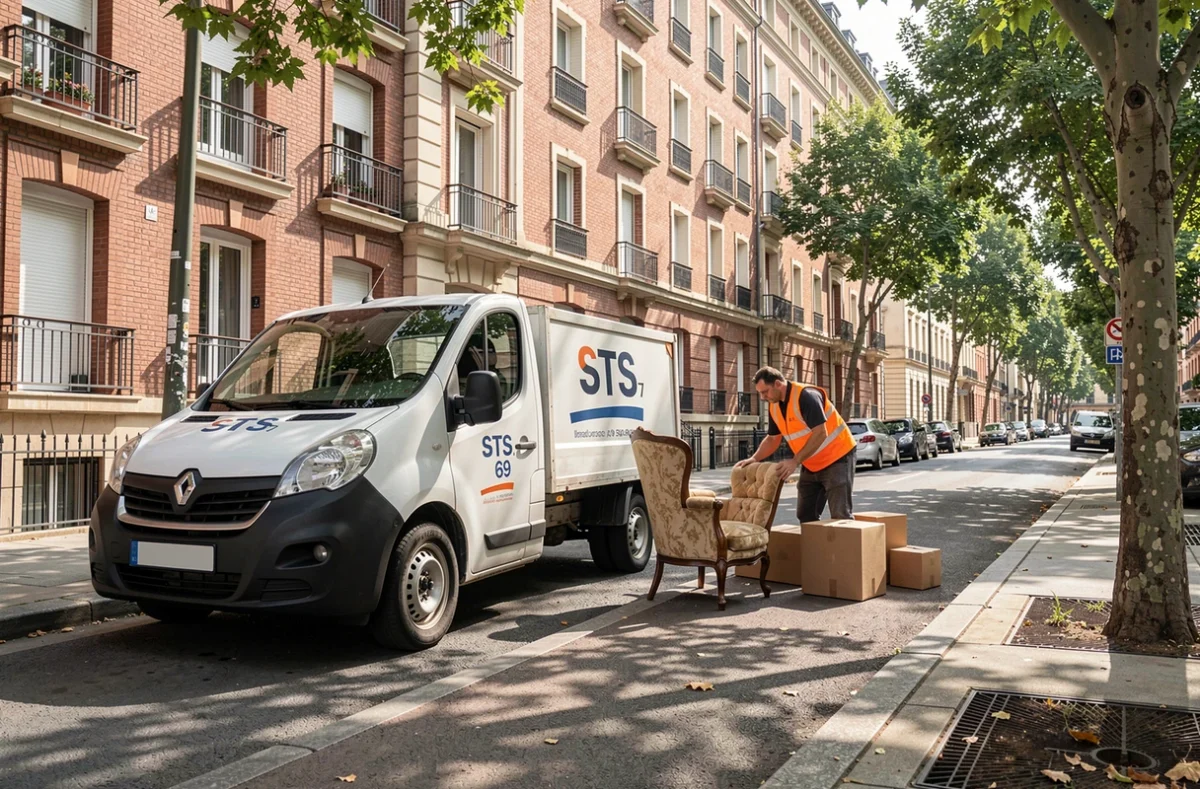 Camionnette STS 69 et équipe de débarras devant un immeuble résidentiel de Lyon