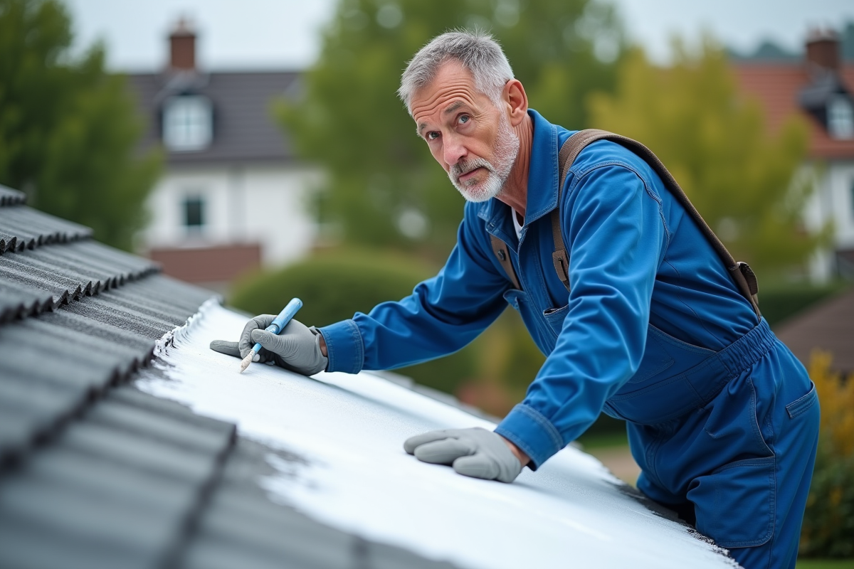 Technicien appliquant peinture thermique sur un toit en pente