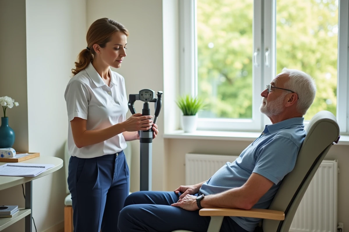 Thérapeute montrant un dynamomètre à un patient âgé
