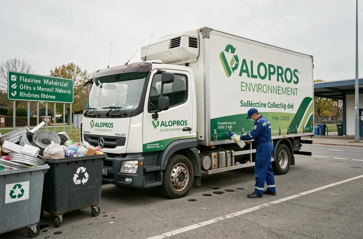 Camion Valopros Environnement en opération de collecte de déchets recyclables dans le Rhône