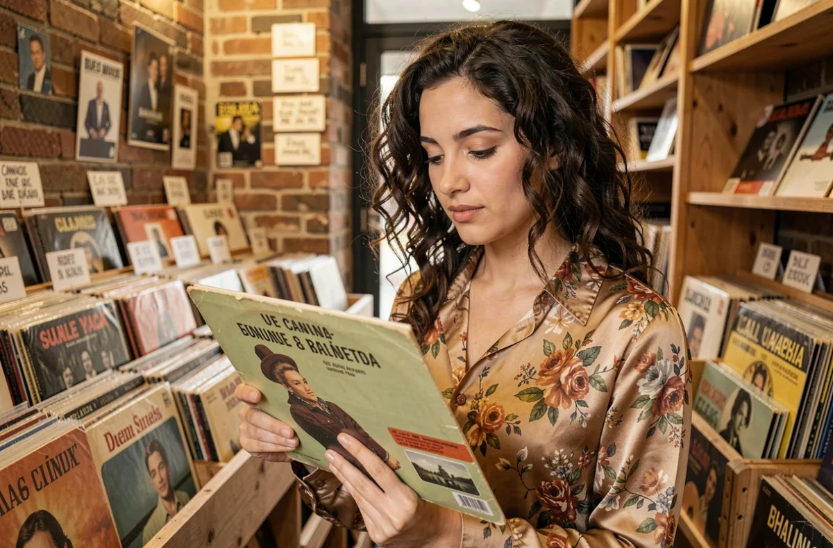 Jeune femme découvrant un disque vinyle italien dans une boutique de disques parisienne