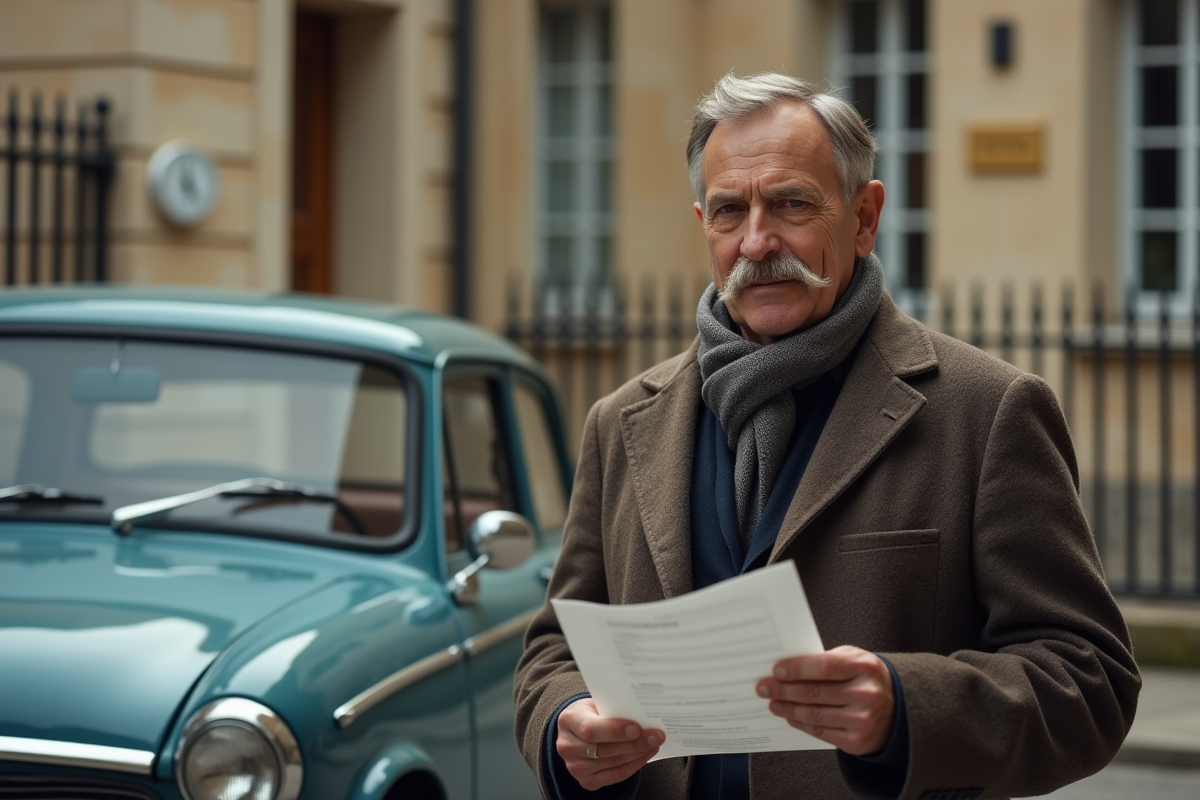 Homme avec documents et voiture vintage devant mairie